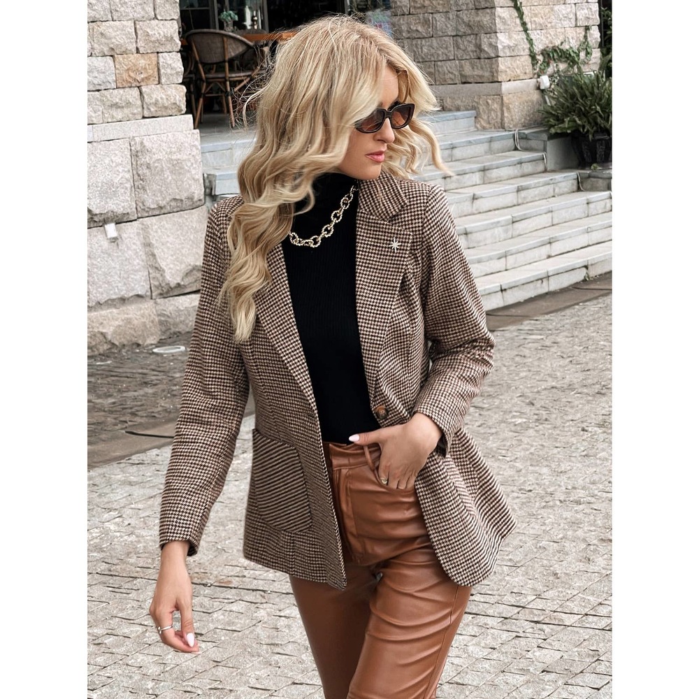 Brown Tan Academia Houndstooth Lapel Collar preppy plaid Blazer